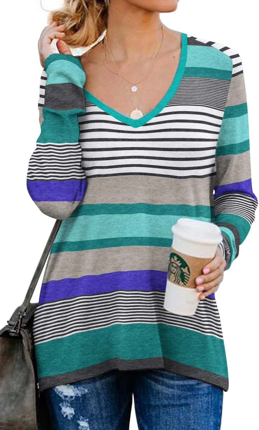 PrinStory Women's Long Sleeve Shirt Fall Tops Casual V Neck Side Split Shirt With Side Zipper