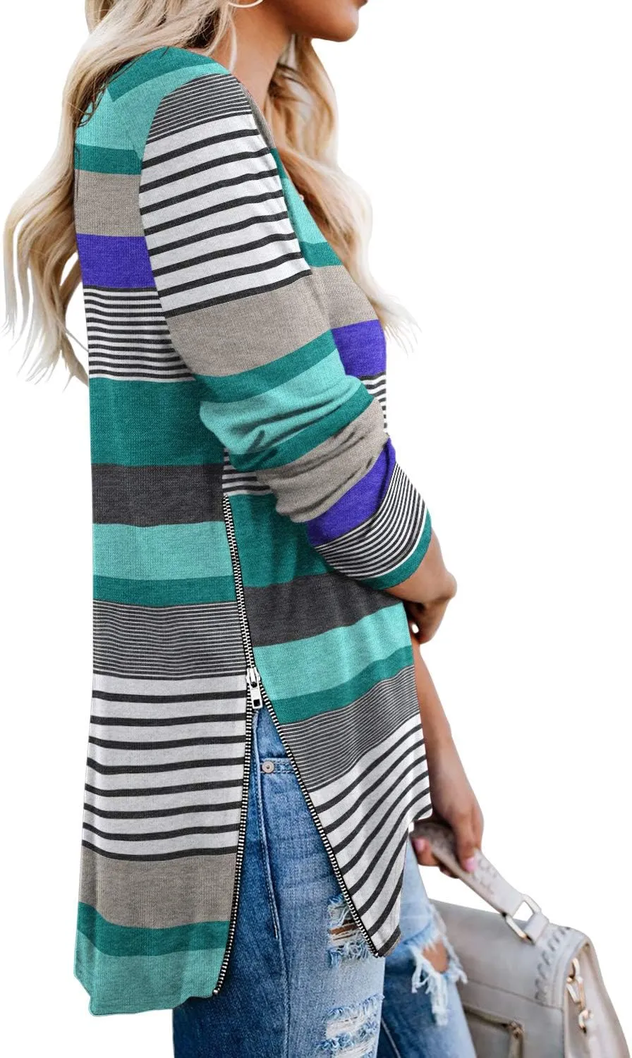 PrinStory Women's Long Sleeve Shirt Fall Tops Casual V Neck Side Split Shirt With Side Zipper