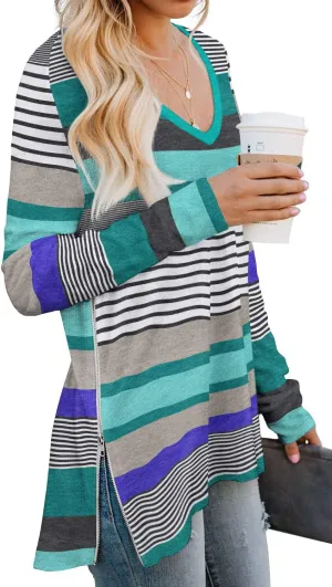 PrinStory Women's Long Sleeve Shirt Fall Tops Casual V Neck Side Split Shirt With Side Zipper
