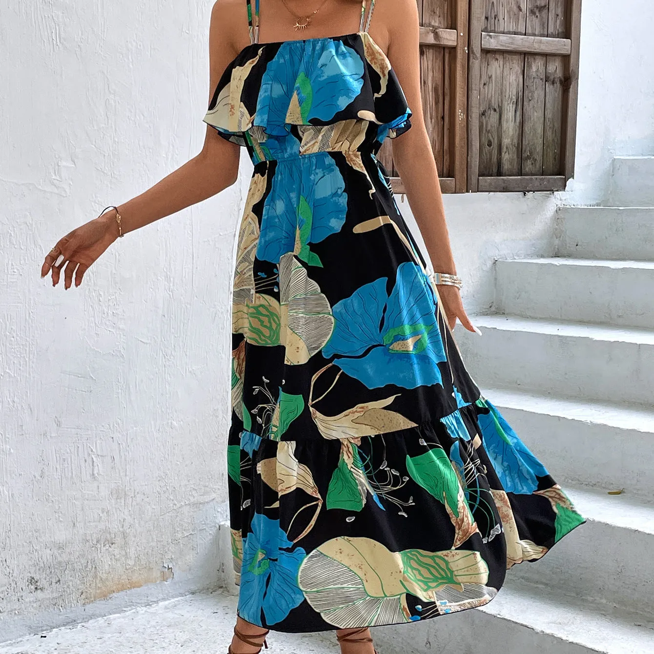 Printed Long Skirt Hawaii Beach Skirt Sleeveless Suspender Bra Printed Long Skirt