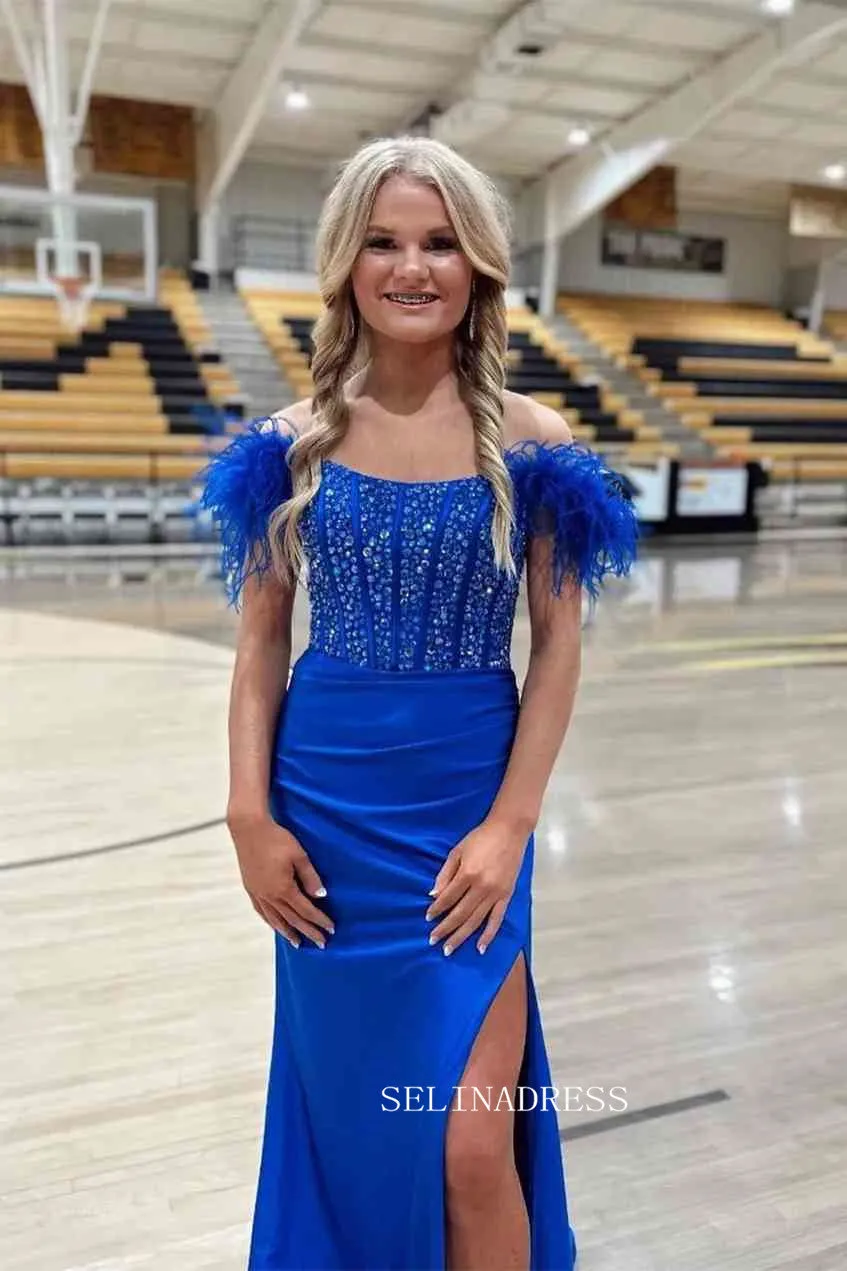 Royal Blue Feathered Shoulder Beaded Long Prom Gown With Side Slit SEW1047
