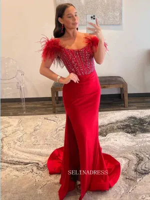 Royal Blue Feathered Shoulder Beaded Long Prom Gown With Side Slit SEW1047