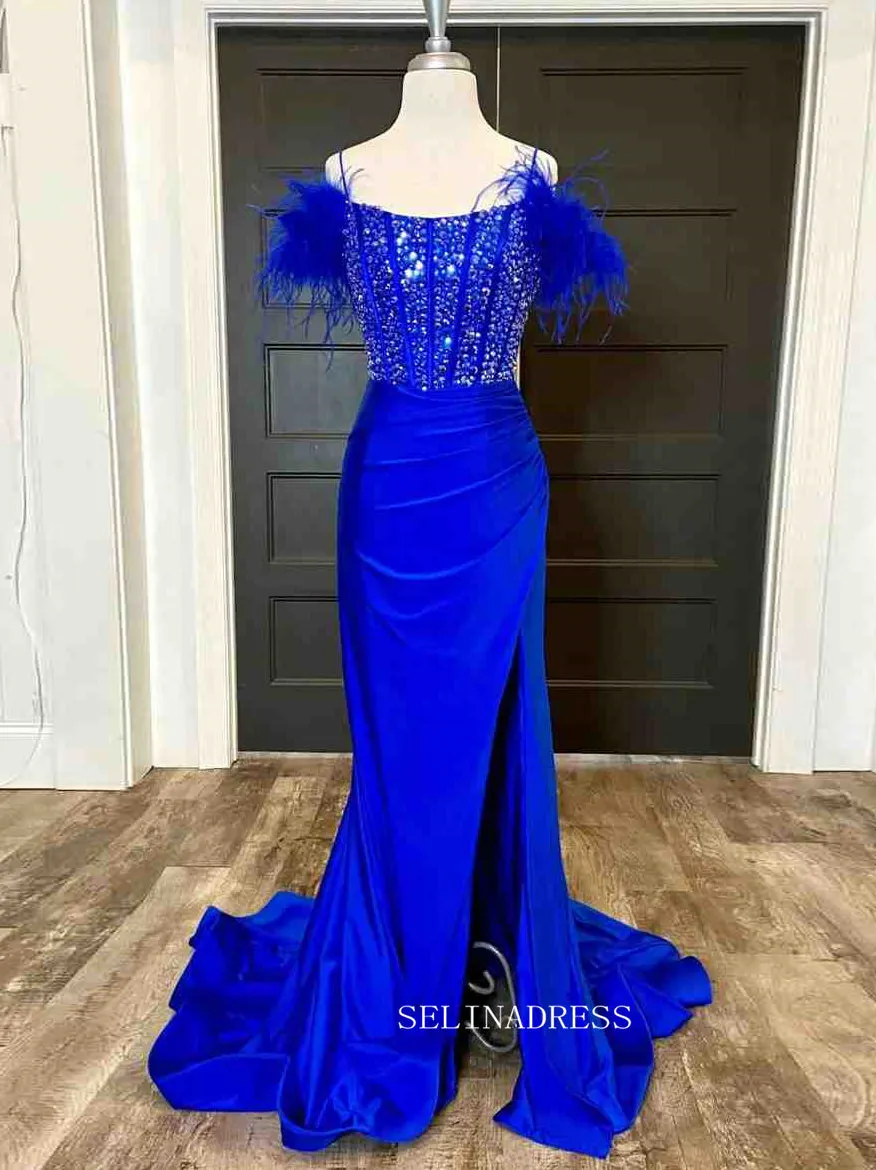 Royal Blue Feathered Shoulder Beaded Long Prom Gown With Side Slit SEW1047