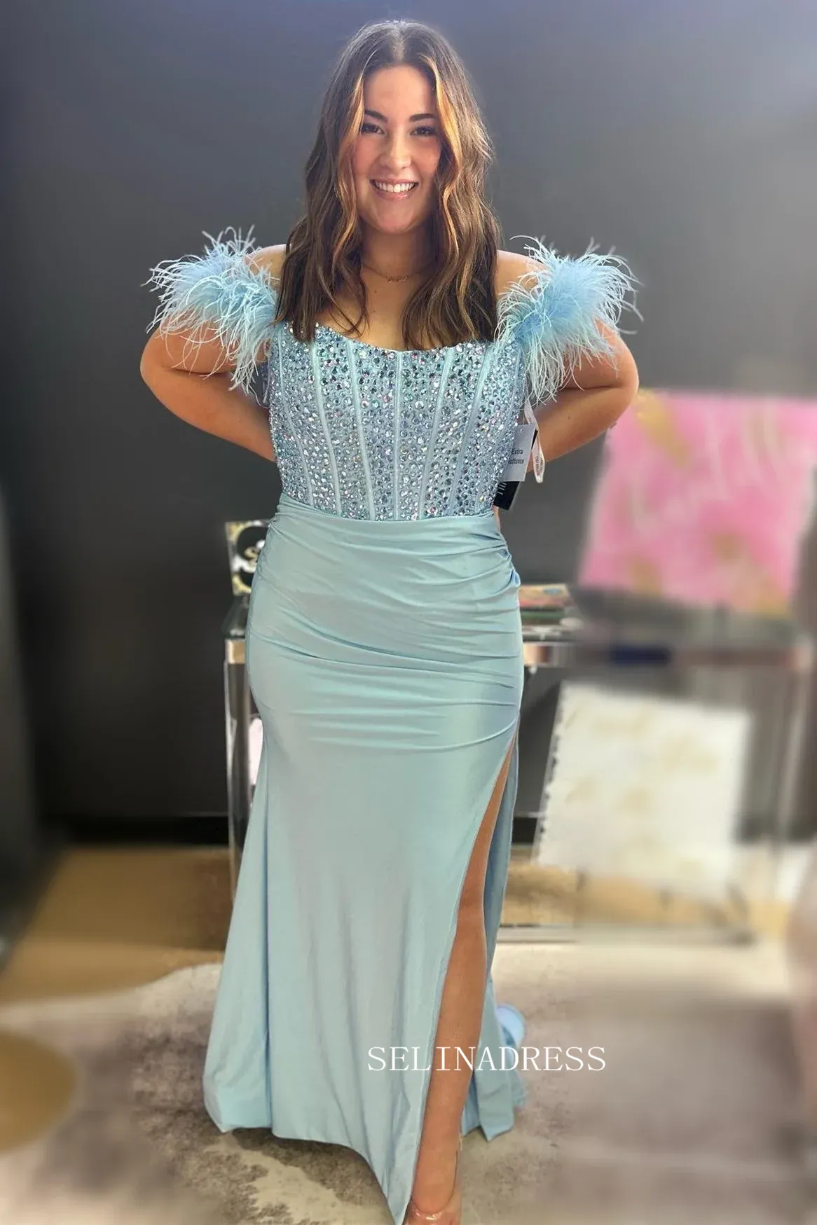Royal Blue Feathered Shoulder Beaded Long Prom Gown With Side Slit SEW1047