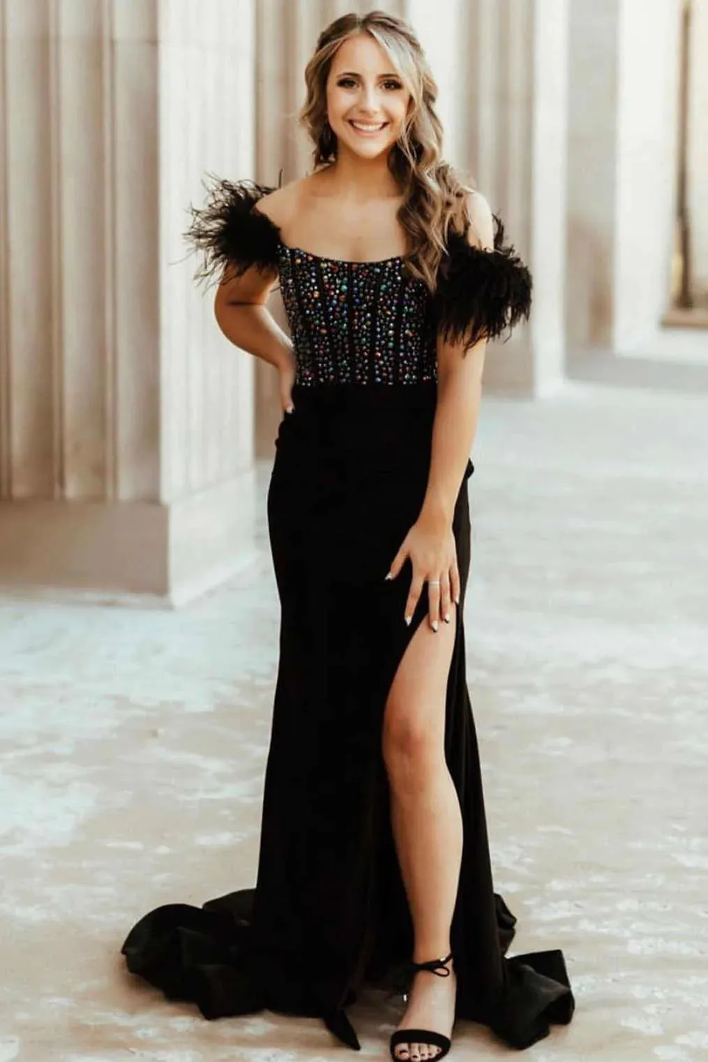 Royal Blue Feathered Shoulder Beaded Long Prom Gown With Side Slit SEW1047