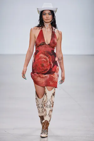 Semi Sheer Red Silk Chiffon Dress - Not Embellished