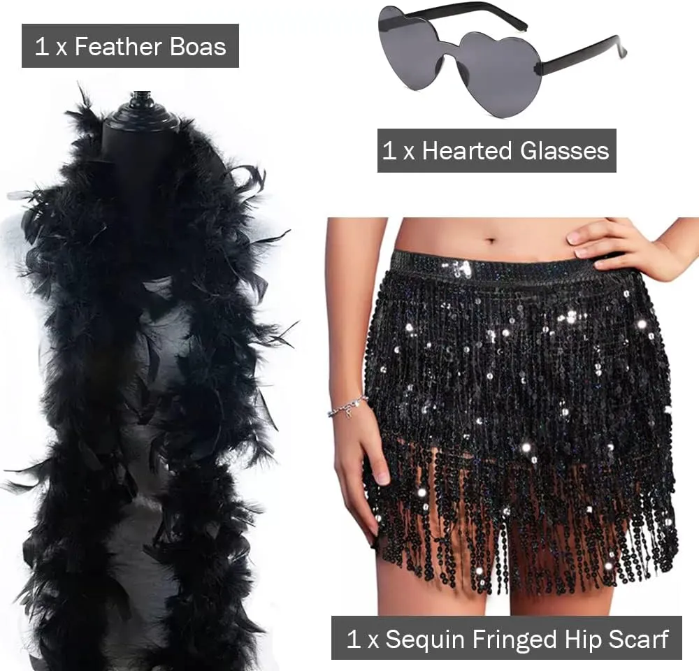 Sequin Skirt - Sequin Skirt for Women Fringe Skirt Belly Dance Rave Disco Cowgirl Sparkle Skirt, with Sunglasses   Boa