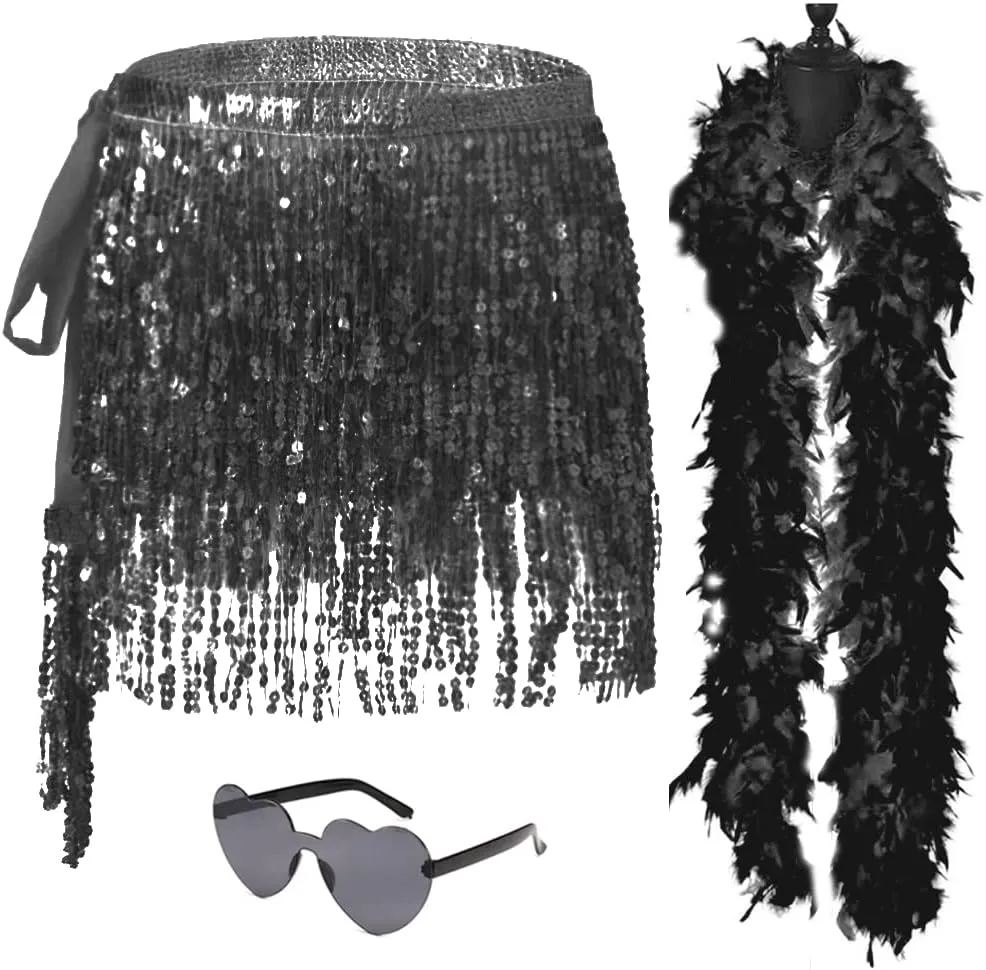 Sequin Skirt - Sequin Skirt for Women Fringe Skirt Belly Dance Rave Disco Cowgirl Sparkle Skirt, with Sunglasses   Boa