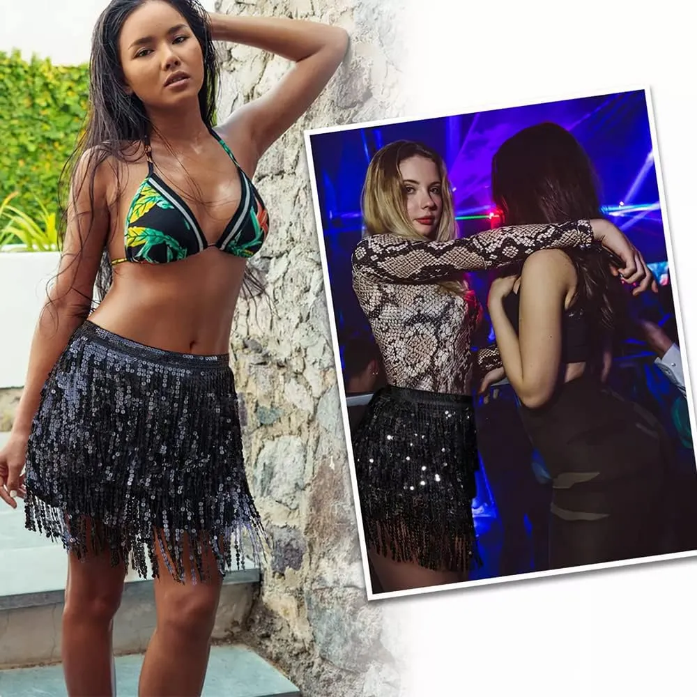 Sequin Skirt - Sequin Skirt for Women Fringe Skirt Belly Dance Rave Disco Cowgirl Sparkle Skirt, with Sunglasses   Boa
