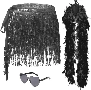 Sequin Skirt - Sequin Skirt for Women Fringe Skirt Belly Dance Rave Disco Cowgirl Sparkle Skirt, with Sunglasses   Boa