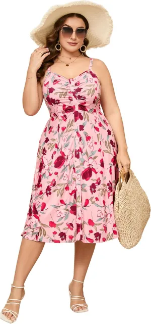 ShopWonder Womens Plus Size Summer Dress V Neck Floral Spaghetti Strap Sundress Button Down Pleated Swing Boho Midi Dress