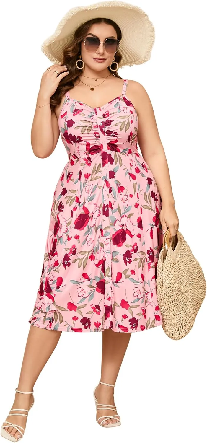 ShopWonder Womens Plus Size Summer Dress V Neck Floral Spaghetti Strap Sundress Button Down Pleated Swing Boho Midi Dress