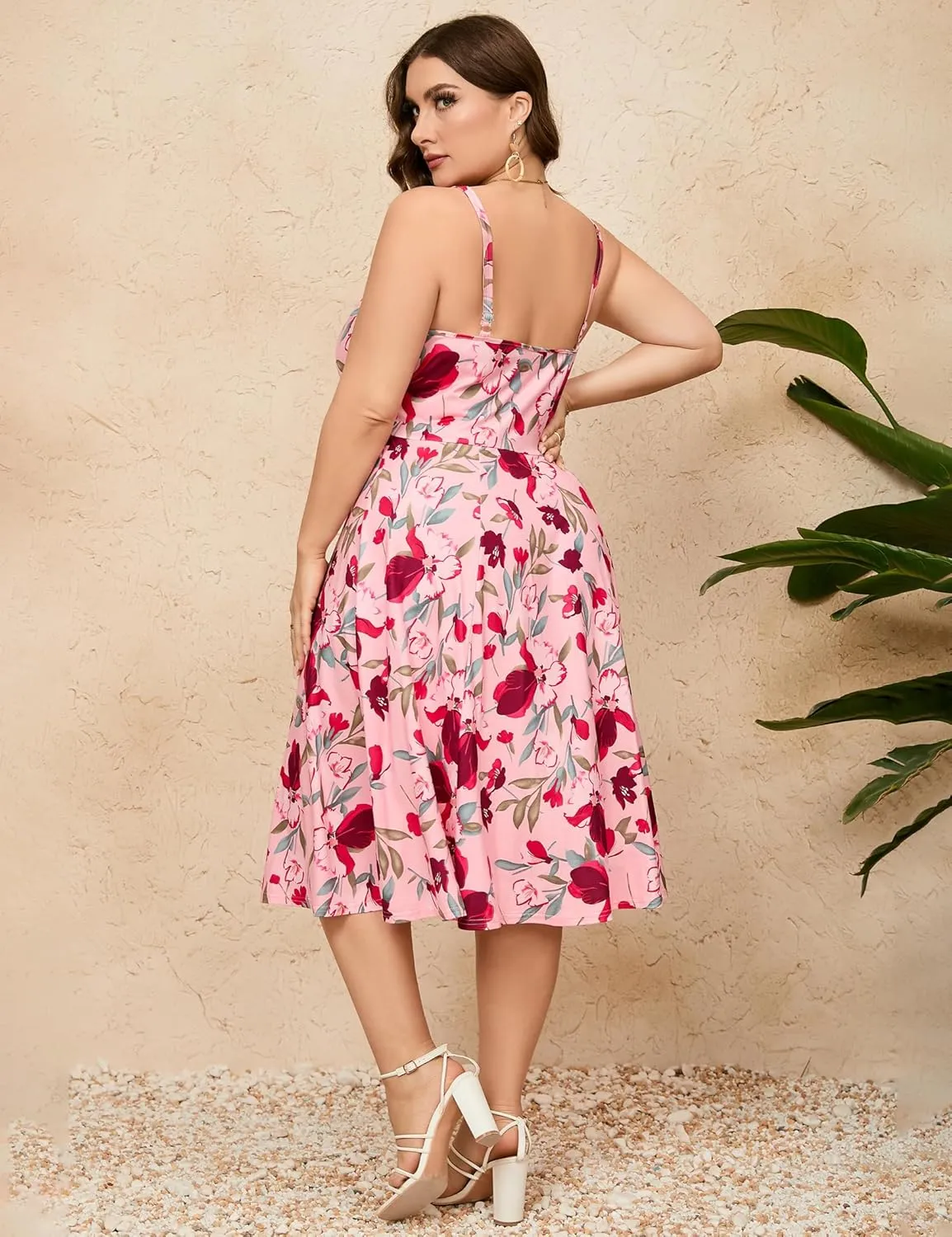 ShopWonder Womens Plus Size Summer Dress V Neck Floral Spaghetti Strap Sundress Button Down Pleated Swing Boho Midi Dress