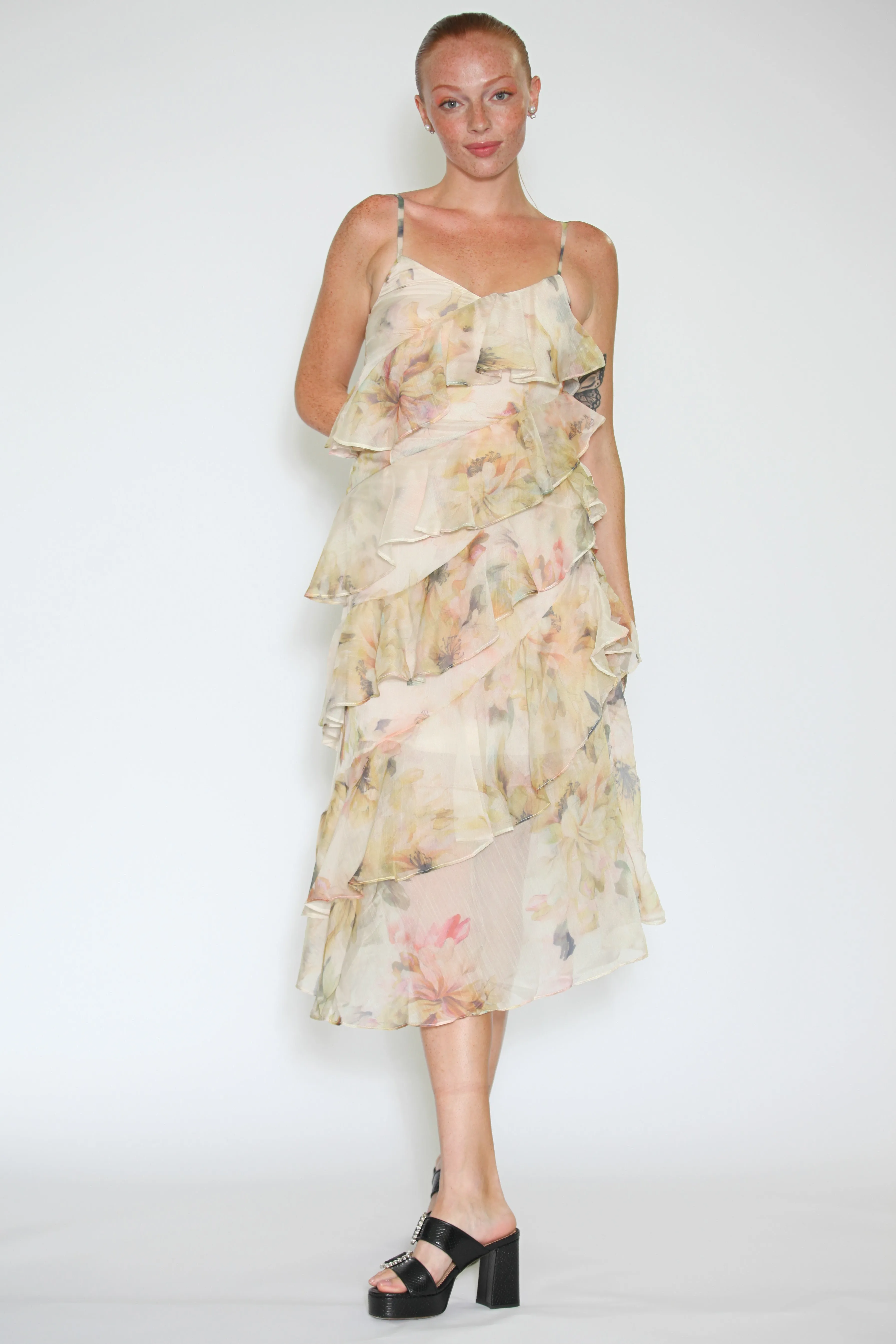 Silk Floral Champagne Ruffle Long Dress