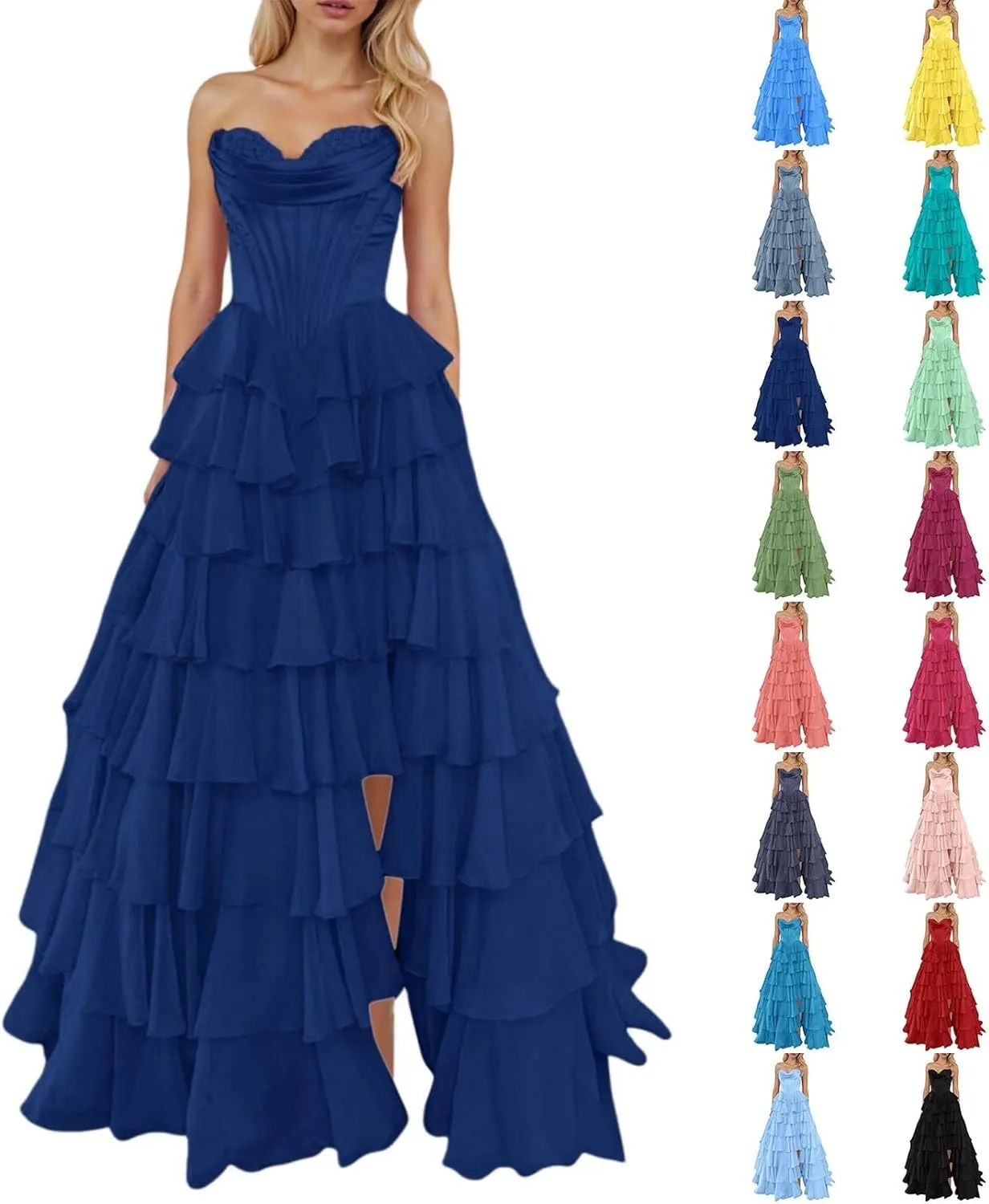 Strapless Corset Prom Dresses for Women Tiered Ruffle A Line Swing Long Dress Chiffon Slit Formal Evening Party Gown