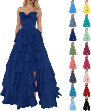 Strapless Corset Prom Dresses for Women Tiered Ruffle A Line Swing Long Dress Chiffon Slit Formal Evening Party Gown