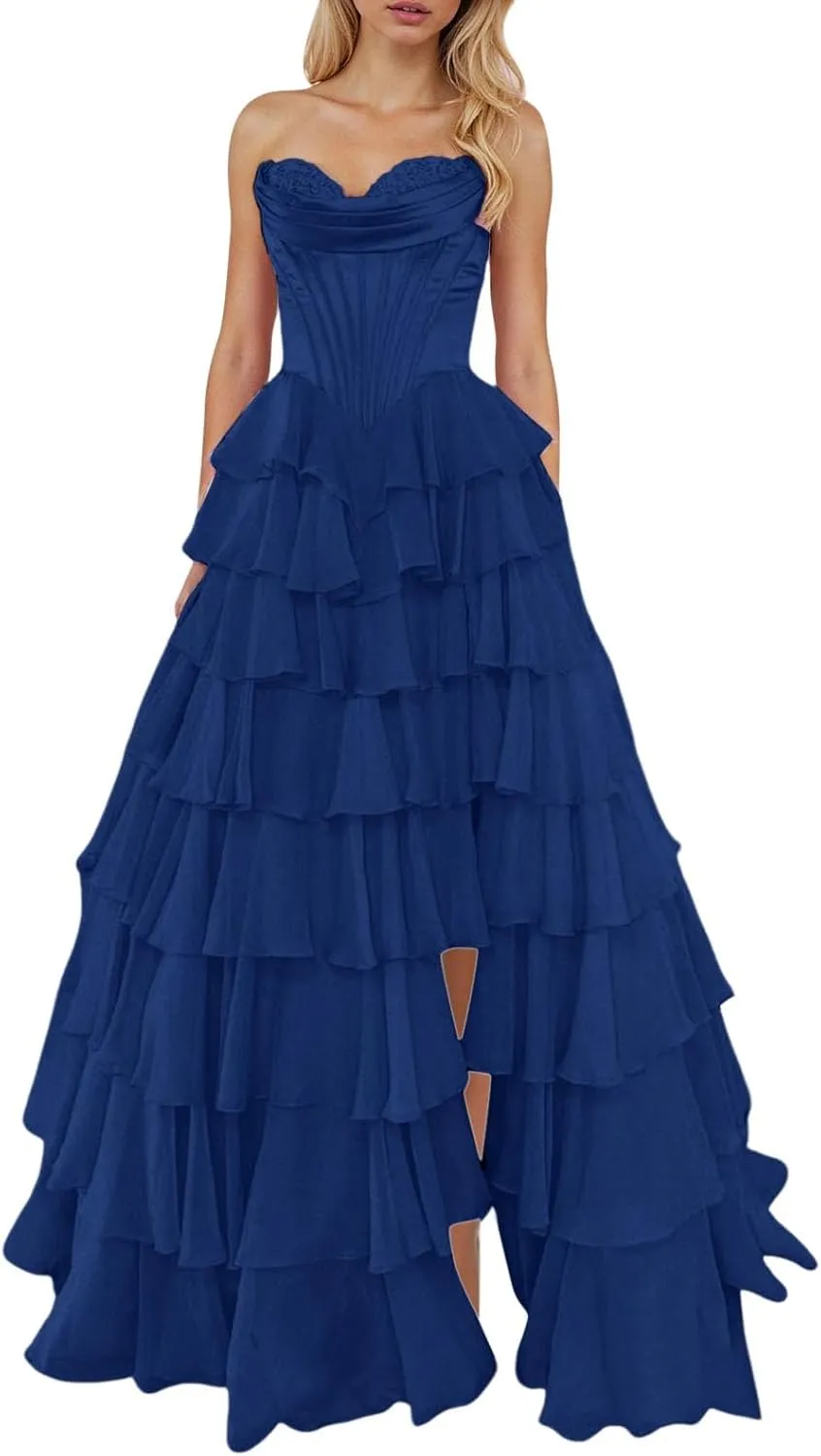 Strapless Corset Prom Dresses for Women Tiered Ruffle A Line Swing Long Dress Chiffon Slit Formal Evening Party Gown