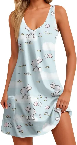 Summer Dresses for Women 2025 Vacation Sundress Printed Sleeveless Swimsuit Coverup Casual V Neck Dress with Pocket