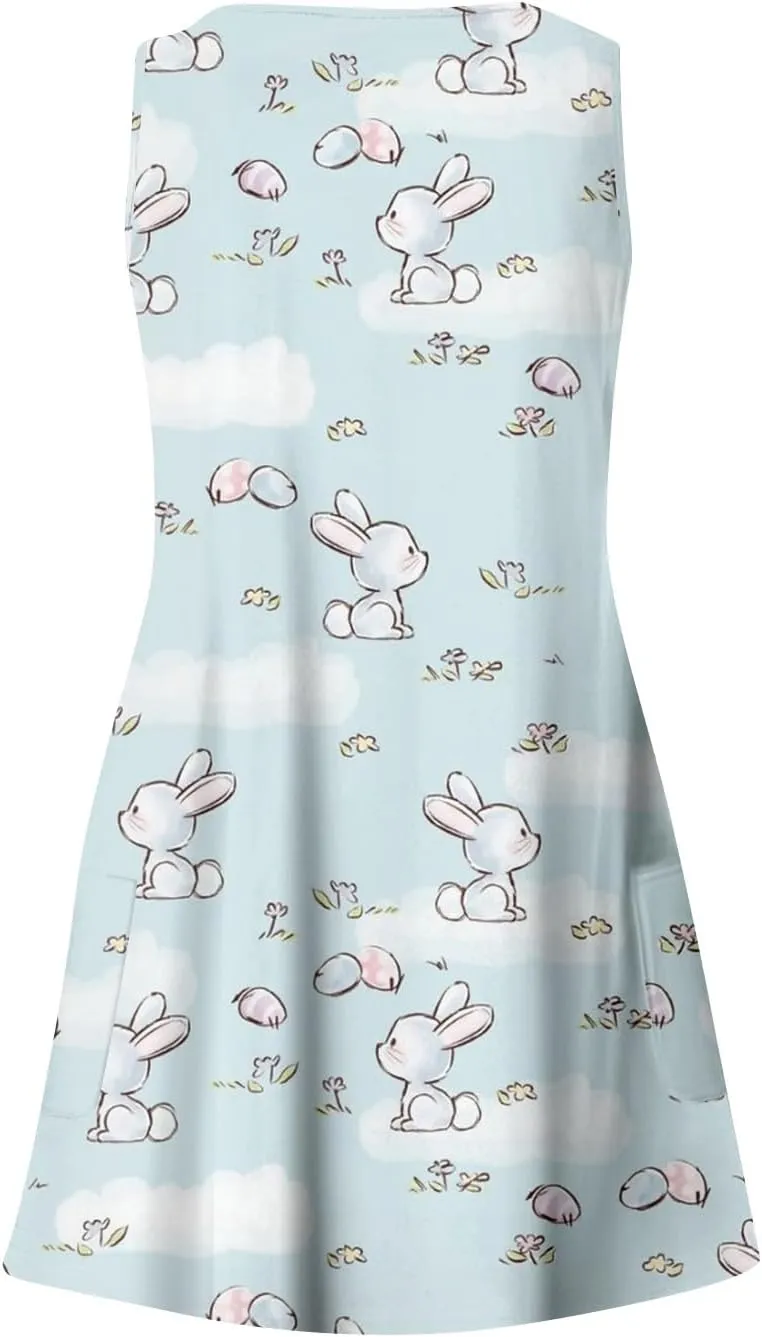 Summer Dresses for Women 2025 Vacation Sundress Printed Sleeveless Swimsuit Coverup Casual V Neck Dress with Pocket