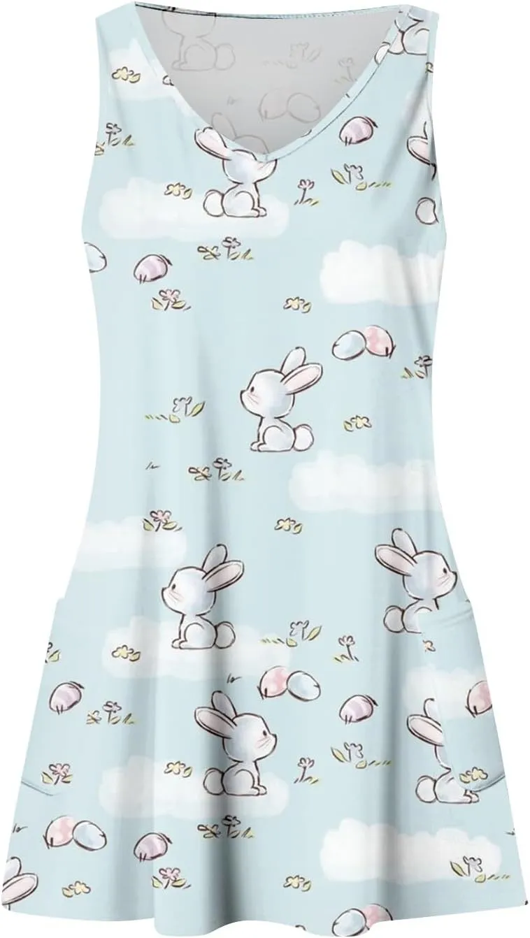 Summer Dresses for Women 2025 Vacation Sundress Printed Sleeveless Swimsuit Coverup Casual V Neck Dress with Pocket