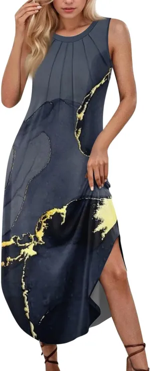 Summer Dresses for Women Loose Sundresses Prited Beach Tshirt Tank Dresses Casual Sleeveless Maxi Long Dress with Pockets