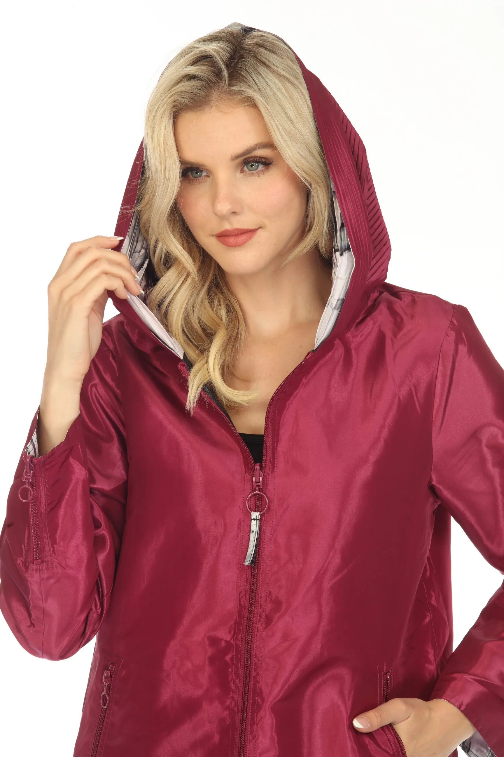 UBU Clothing Co. Raspberry/Black Orchid Print Hooded Reversible Zip Front Coat 3220SP