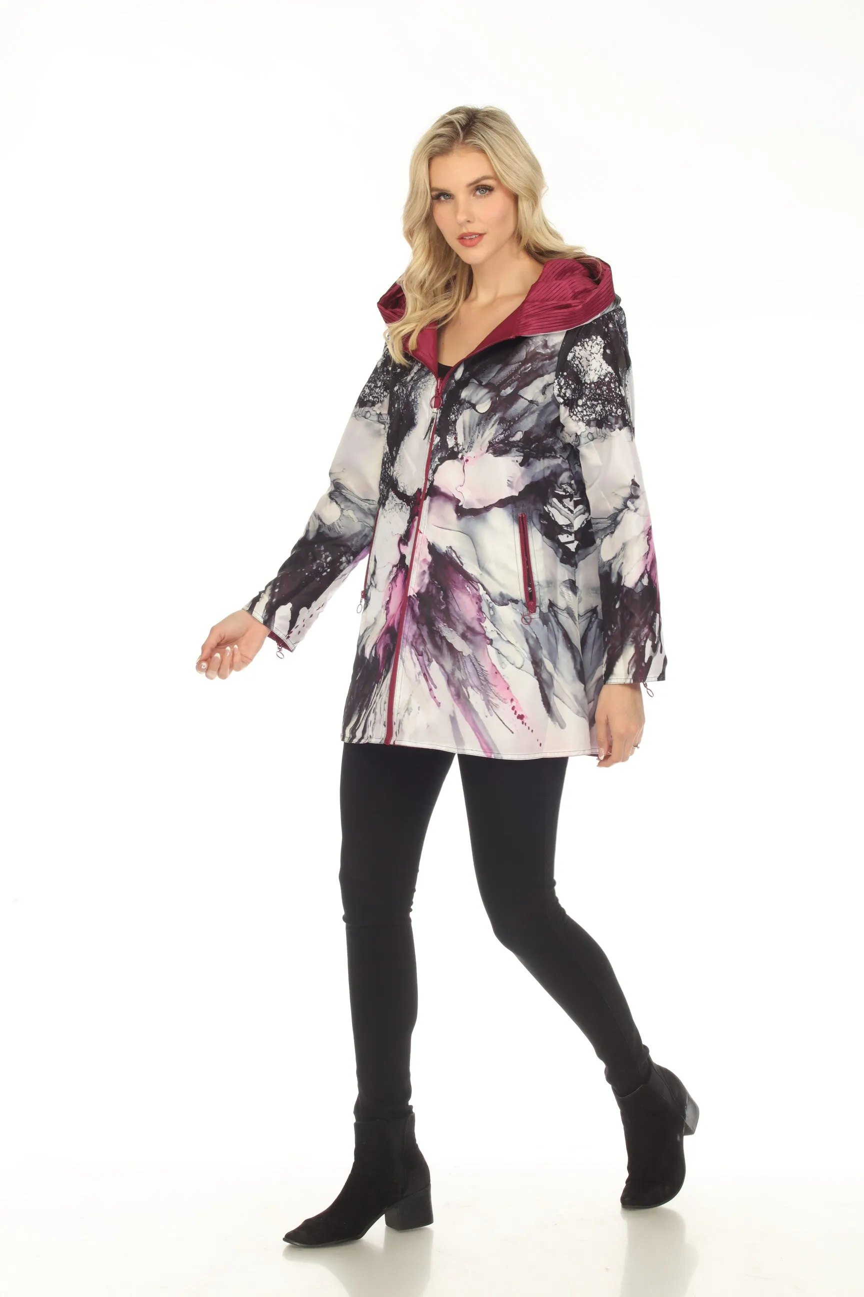UBU Clothing Co. Raspberry/Black Orchid Print Hooded Reversible Zip Front Coat 3220SP