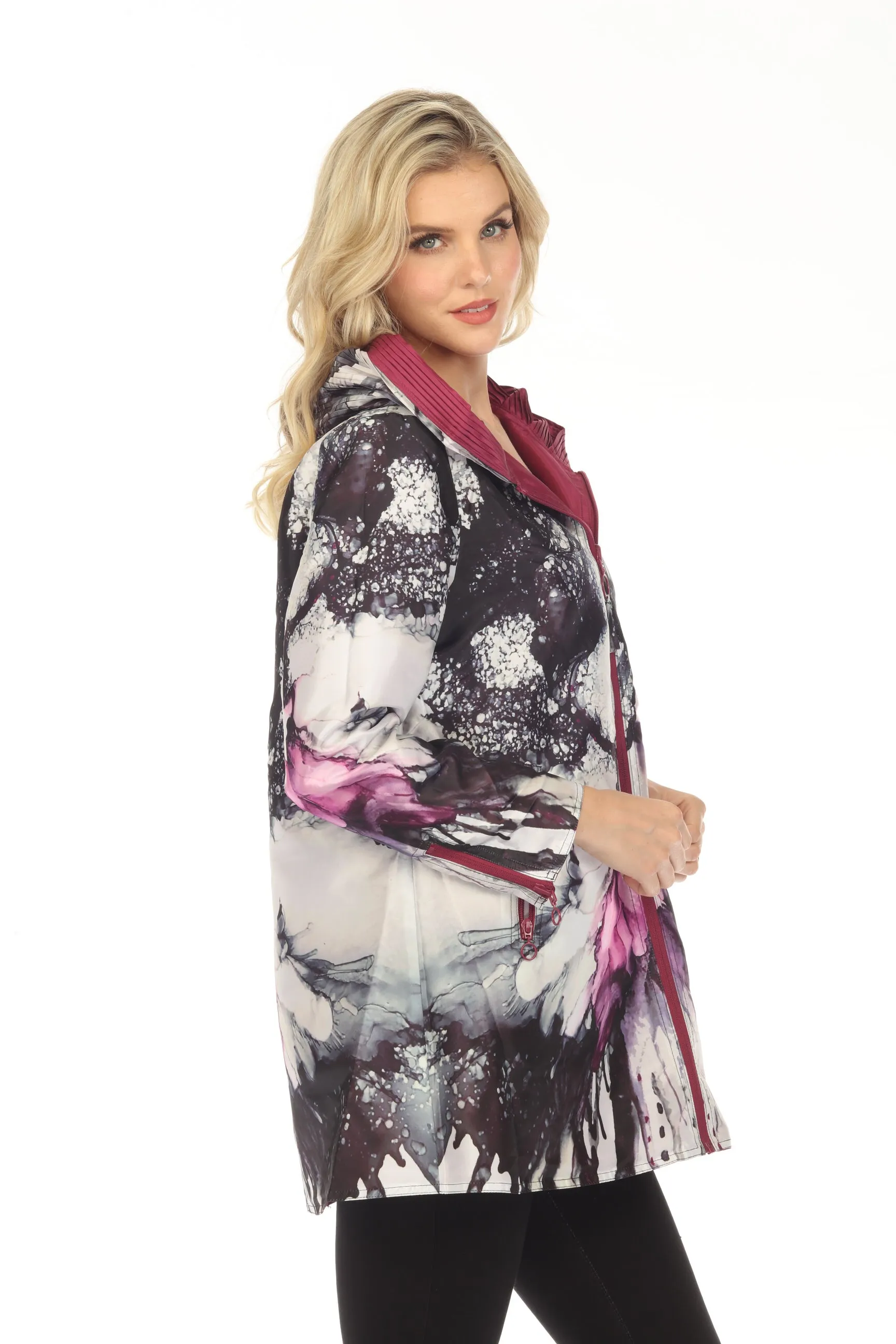 UBU Clothing Co. Raspberry/Black Orchid Print Hooded Reversible Zip Front Coat 3220SP