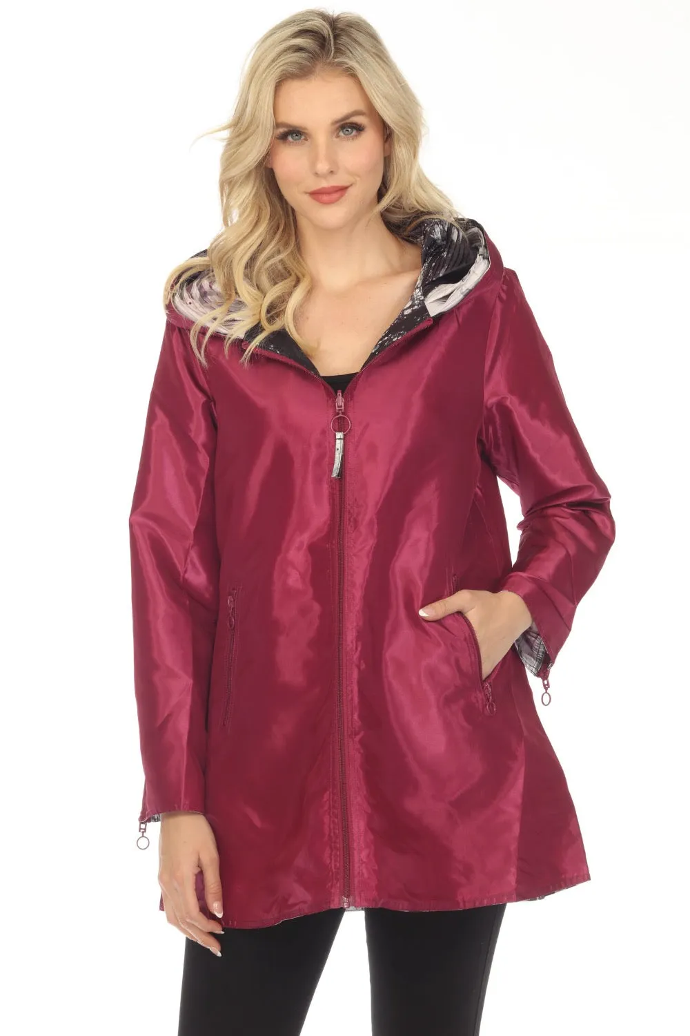 UBU Clothing Co. Raspberry/Black Orchid Print Hooded Reversible Zip Front Coat 3220SP