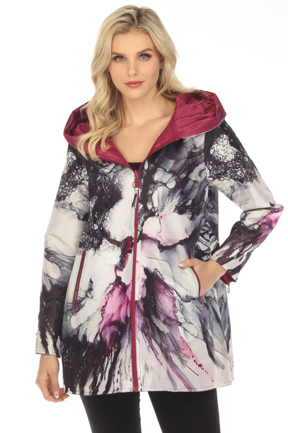 UBU Clothing Co. Raspberry/Black Orchid Print Hooded Reversible Zip Front Coat 3220SP