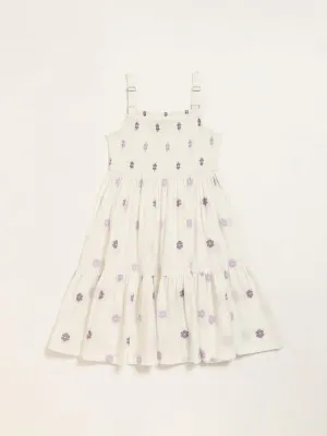 Utsa Kids Purple Embroidered Cotton Smocked Sundress (8 -14yrs)