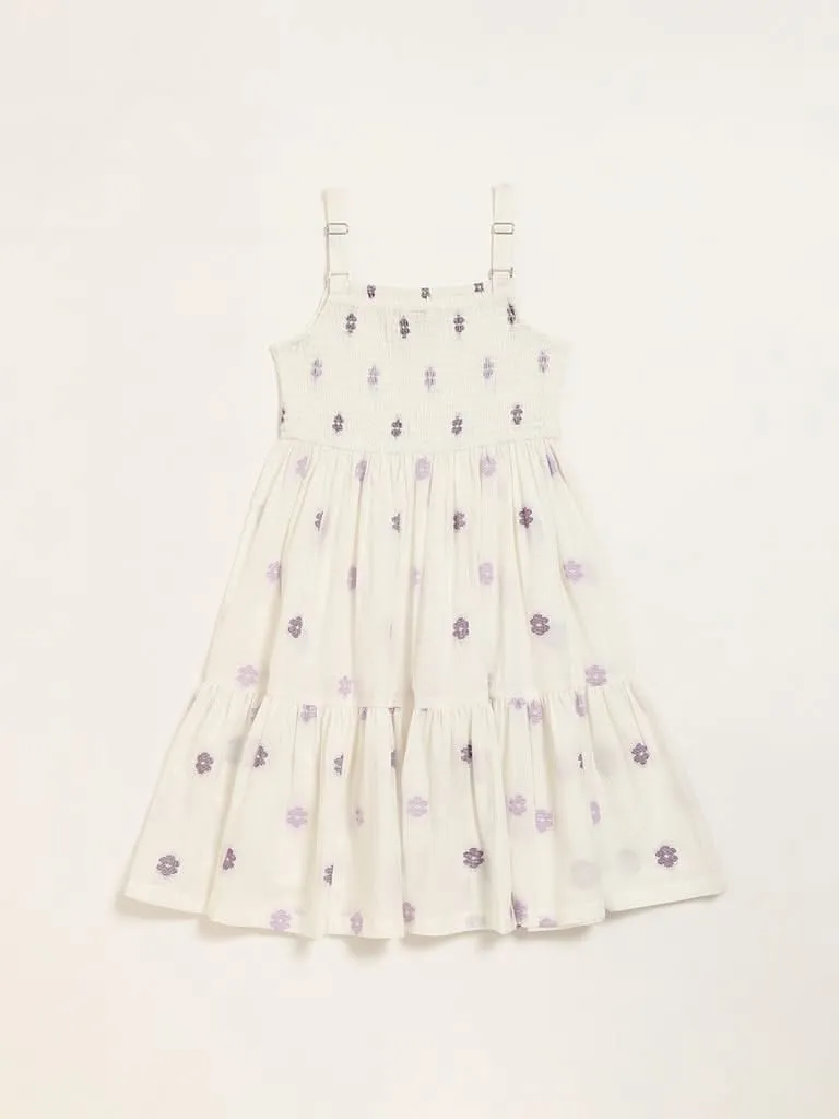 Utsa Kids Purple Embroidered Cotton Smocked Sundress (8 -14yrs)