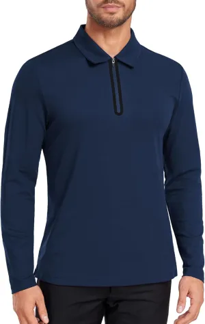 V VALANCH Zipper Polo Shirts Men Long Sleeve Golf Shirt Collared Tennis Shirt