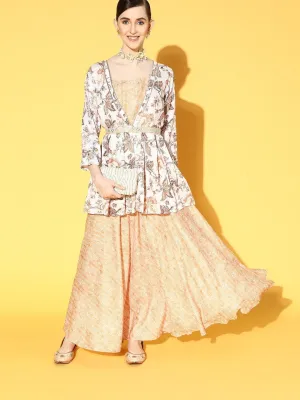 Varanga Printed Peplum Top With Blouse And Skirt And Stylised With Embroidred Belt
