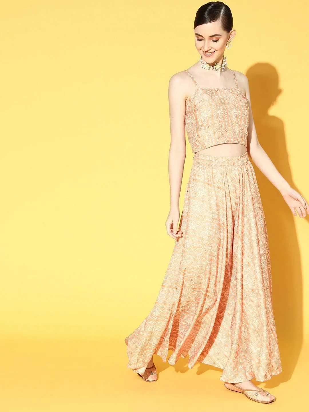 Varanga Printed Peplum Top With Blouse And Skirt And Stylised With Embroidred Belt