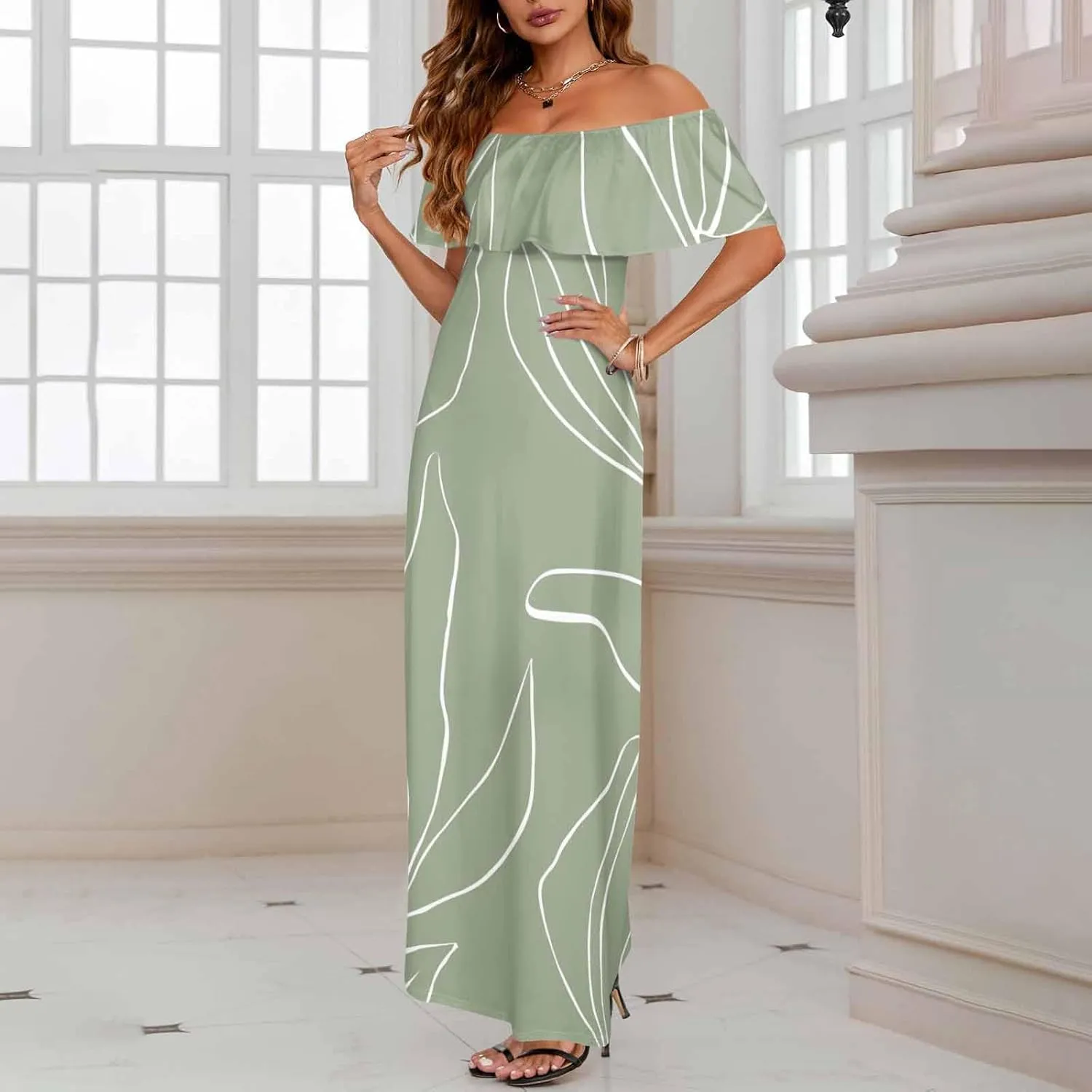White Beach Dress Floral Pattern with Watercolor Bohemian Strapless Off Shoulder Flowy A Line Beach Long Maxi Dress