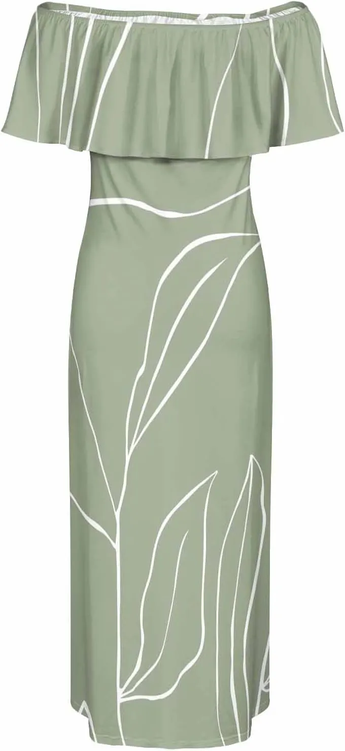 White Beach Dress Floral Pattern with Watercolor Bohemian Strapless Off Shoulder Flowy A Line Beach Long Maxi Dress