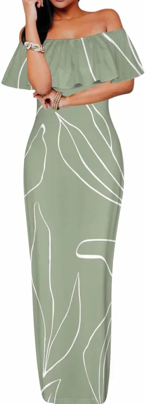White Beach Dress Floral Pattern with Watercolor Bohemian Strapless Off Shoulder Flowy A Line Beach Long Maxi Dress