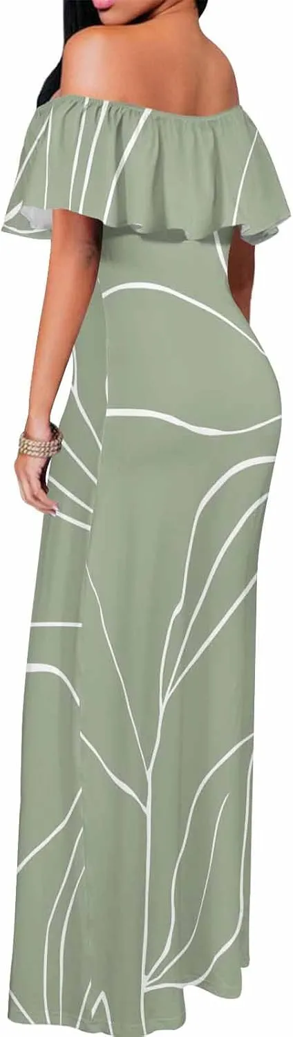 White Beach Dress Floral Pattern with Watercolor Bohemian Strapless Off Shoulder Flowy A Line Beach Long Maxi Dress