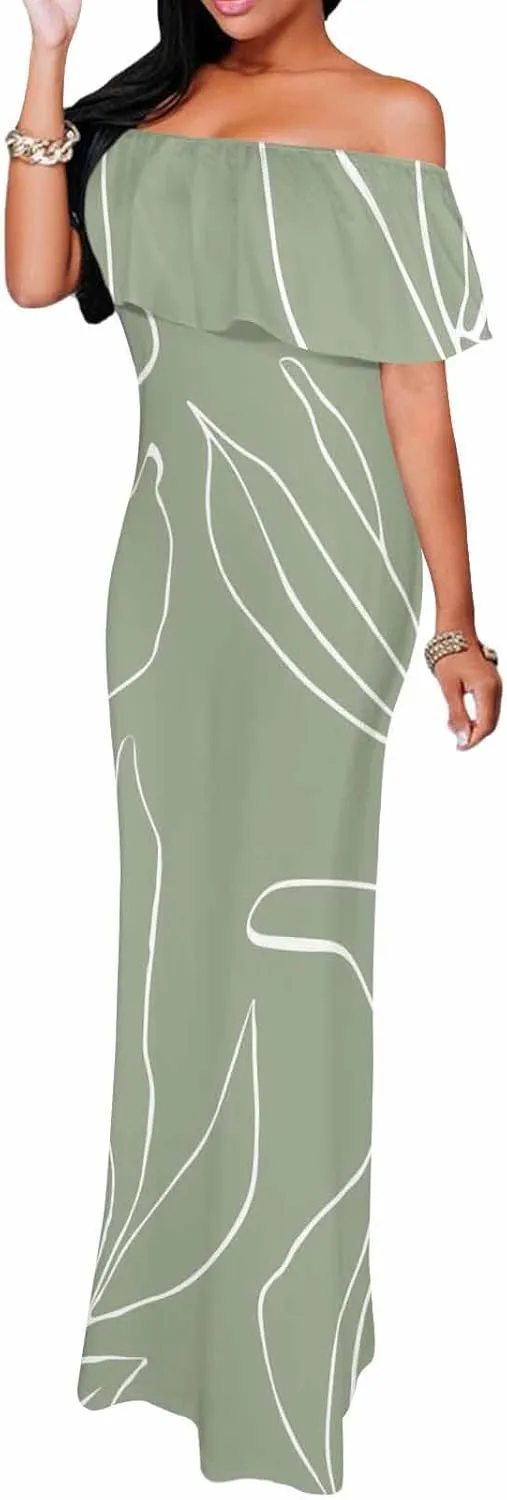 White Beach Dress Floral Pattern with Watercolor Bohemian Strapless Off Shoulder Flowy A Line Beach Long Maxi Dress