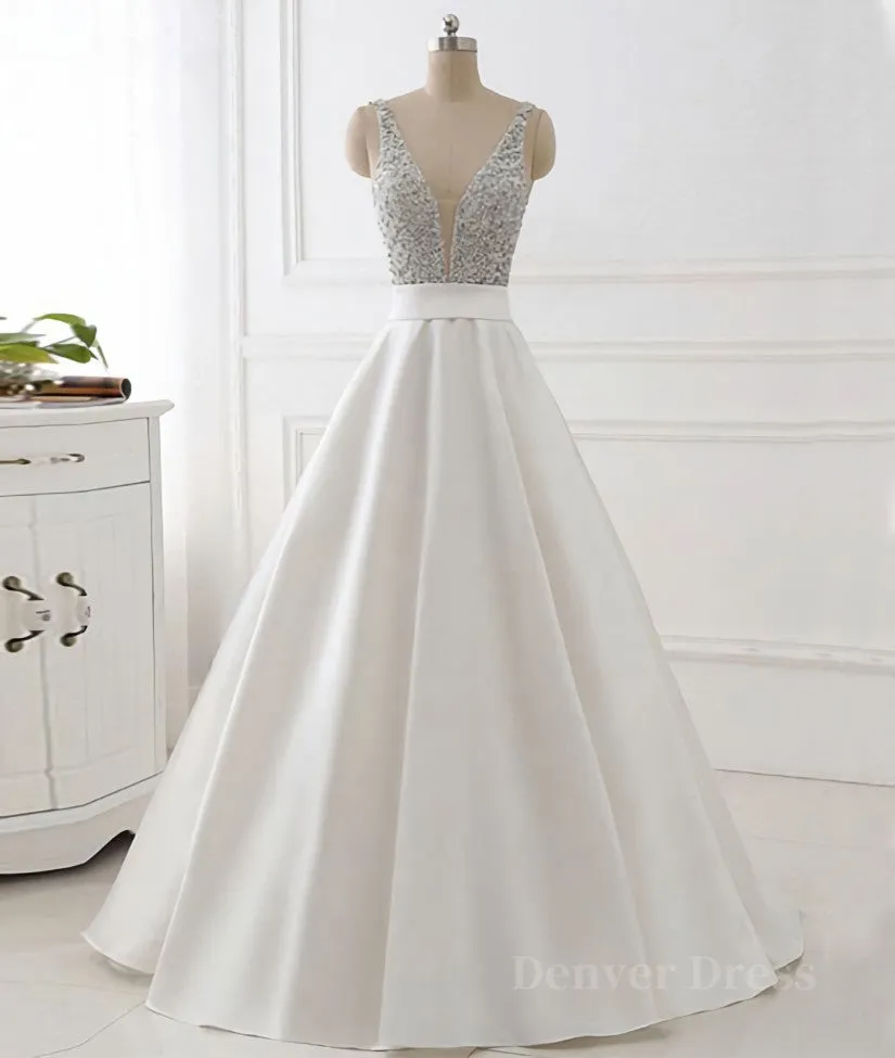 White v neck beads sequin long prom dress white evening dress