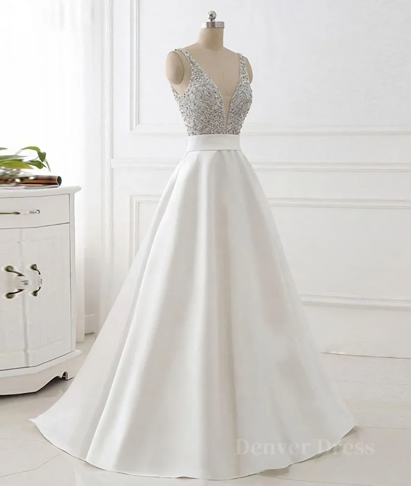 White v neck beads sequin long prom dress white evening dress