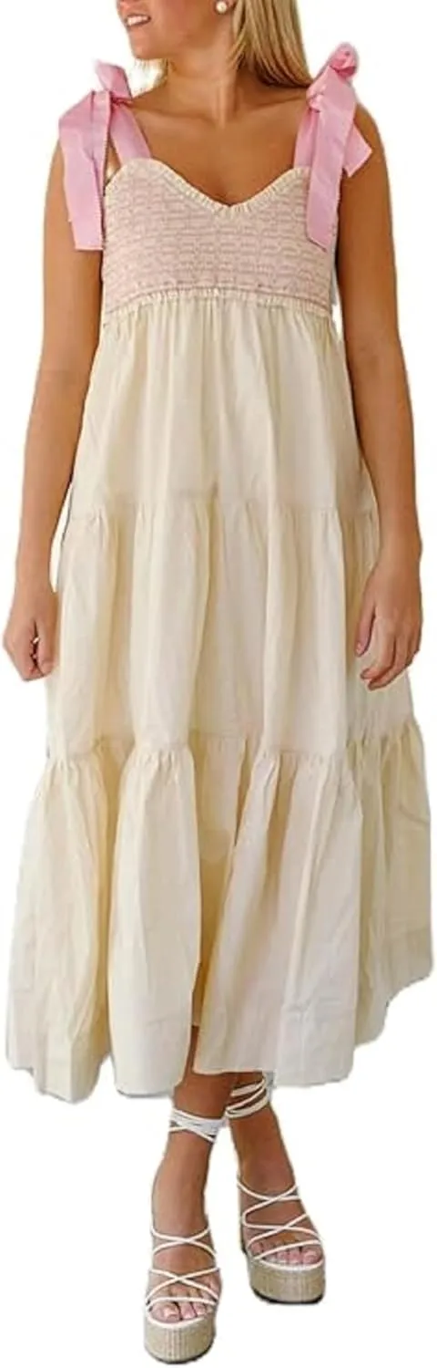 Women Boho Tie Shoulder Maxi Dress Y2k Floral Smocked Ruffle Long Dress Summer Tiered Swing Flowy Sundress