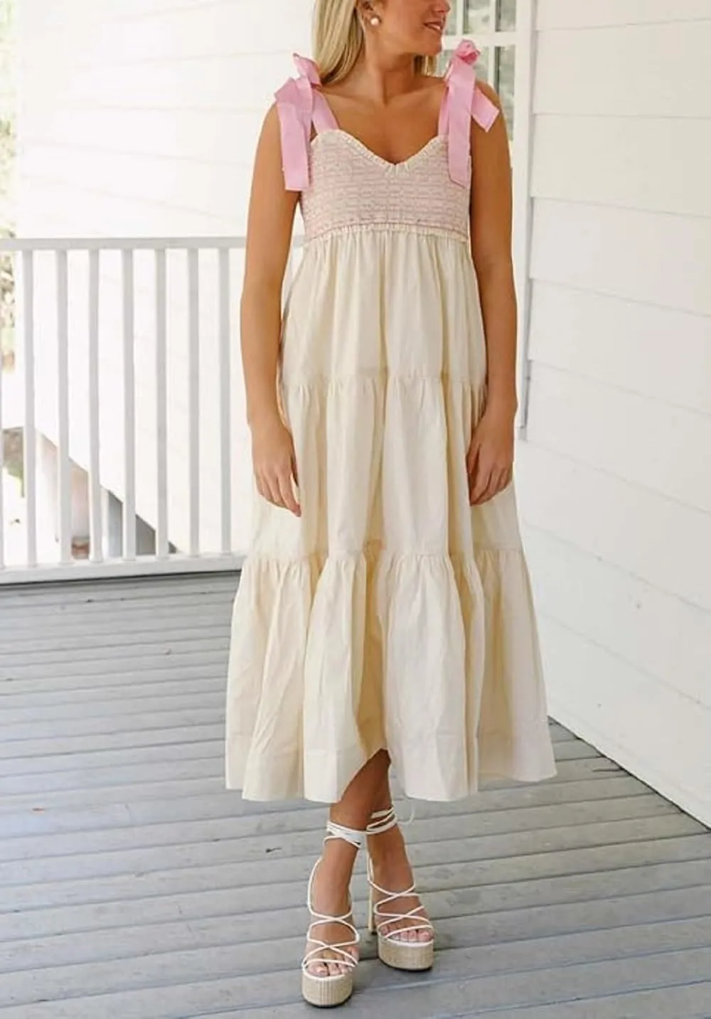 Women Boho Tie Shoulder Maxi Dress Y2k Floral Smocked Ruffle Long Dress Summer Tiered Swing Flowy Sundress