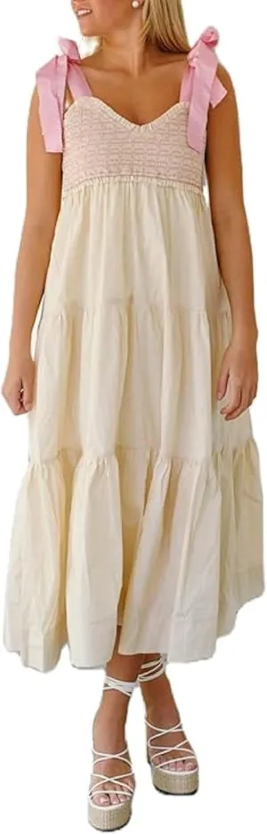 Women Boho Tie Shoulder Maxi Dress Y2k Floral Smocked Ruffle Long Dress Summer Tiered Swing Flowy Sundress