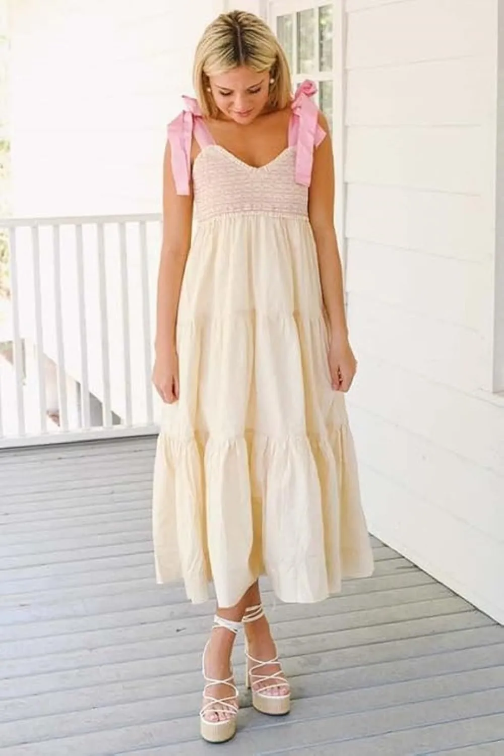 Women Boho Tie Shoulder Maxi Dress Y2k Floral Smocked Ruffle Long Dress Summer Tiered Swing Flowy Sundress