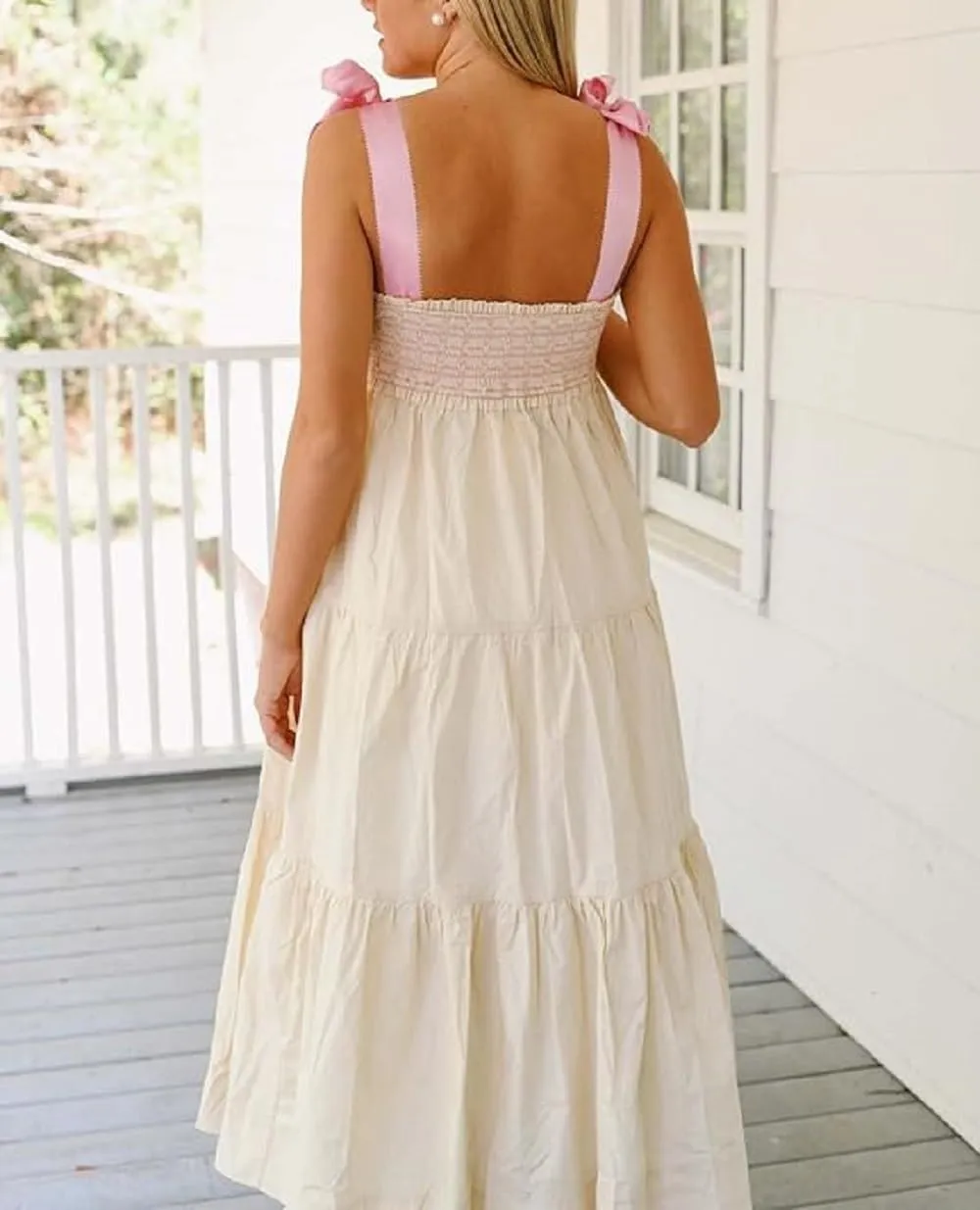Women Boho Tie Shoulder Maxi Dress Y2k Floral Smocked Ruffle Long Dress Summer Tiered Swing Flowy Sundress