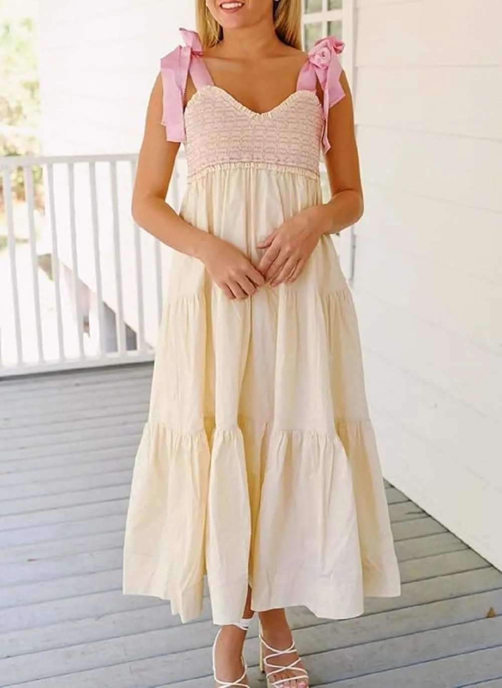 Women Boho Tie Shoulder Maxi Dress Y2k Floral Smocked Ruffle Long Dress Summer Tiered Swing Flowy Sundress