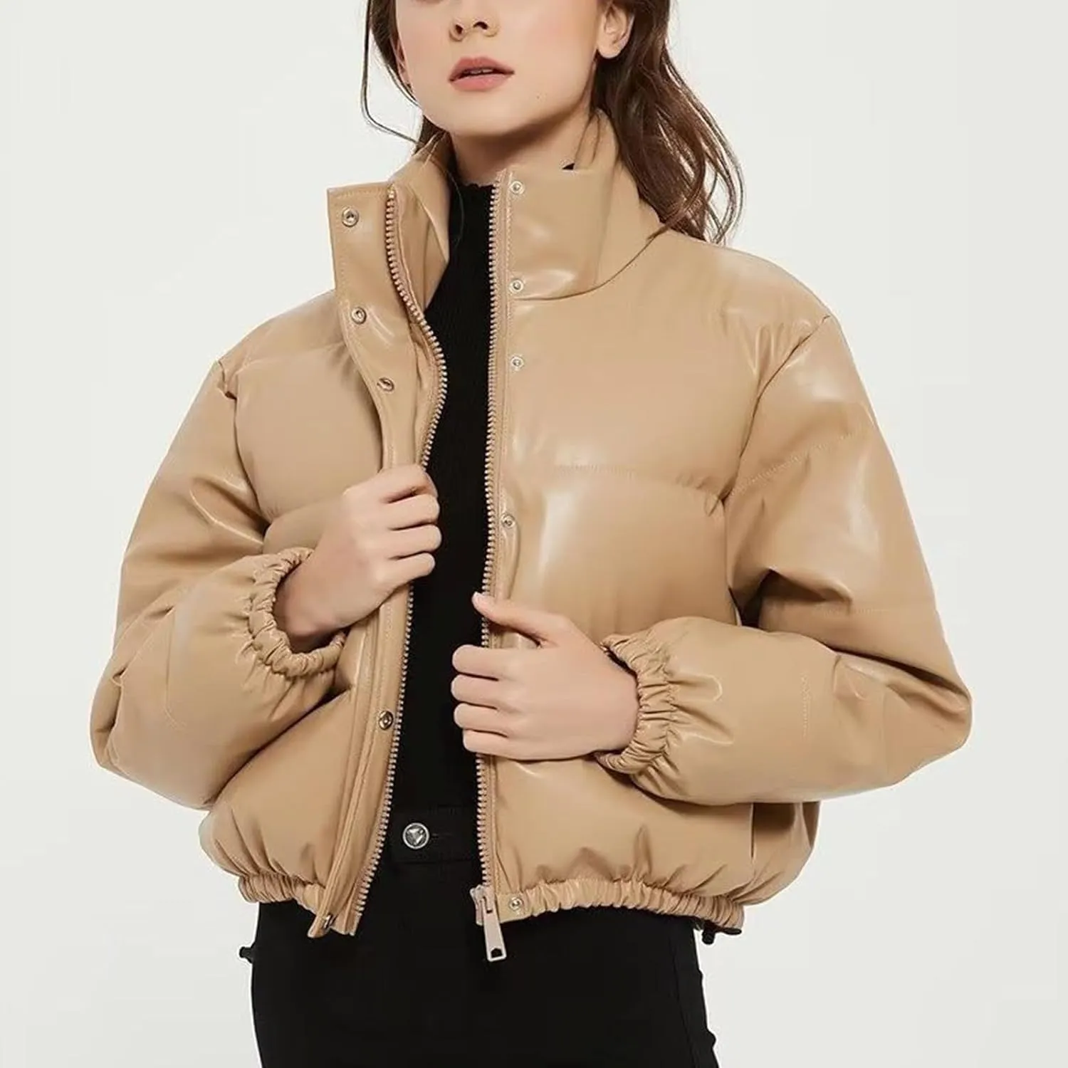 Women Cropped Puffer Jacket Winter Shiny Coat Parka Fashion Zip Up Short Bubble Padded Down Coats Fashion Y2k Outerwear