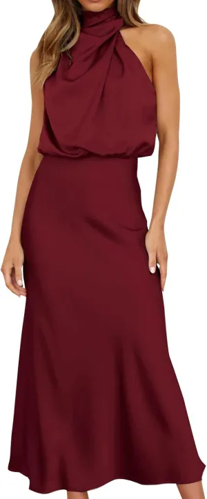 Women Sleeveless Mock Neck Cocktail Dresses Elastic Waist Party Wedding Guest Dress Satin High Split Maxi Evening Dress